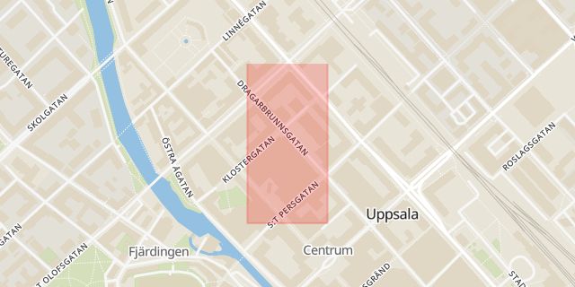 Karta som med röd fyrkant ramar in Dragarbrunnsgatan, Boten, Uppsala, Uppsala län