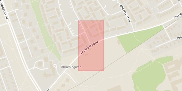 Karta som med röd fyrkant ramar in Fålhagen, Kummingatan, Fålhagsleden, Uppsala, Uppsala län