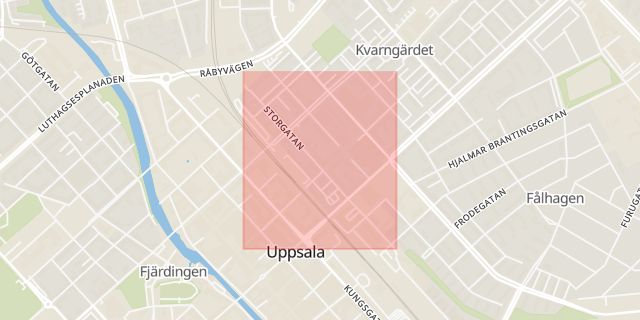 Karta som med röd fyrkant ramar in Storgatan, Uppsala, Uppsala län