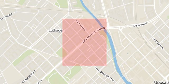 Karta som med röd fyrkant ramar in Sturegatan, Uppsala, Uppsala län