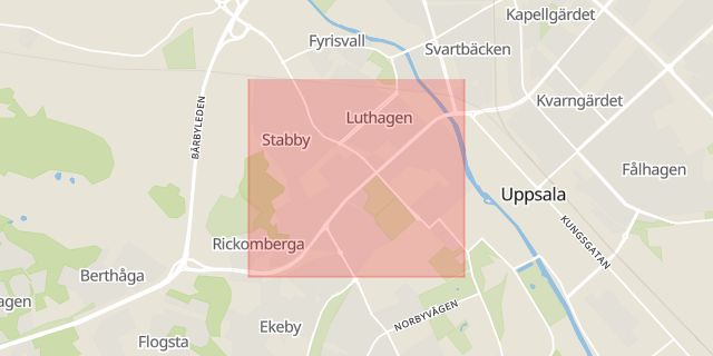Karta som med röd fyrkant ramar in Luthagen, Uppsala, Uppsala län