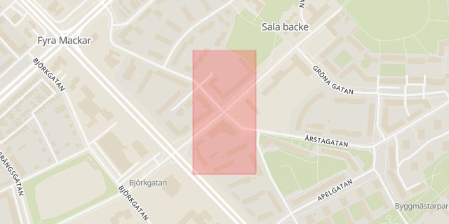 Karta som med röd fyrkant ramar in Hjalmar Brantingsgatan, Årstagatan, Sala Backe, Uppsala, Uppsala län