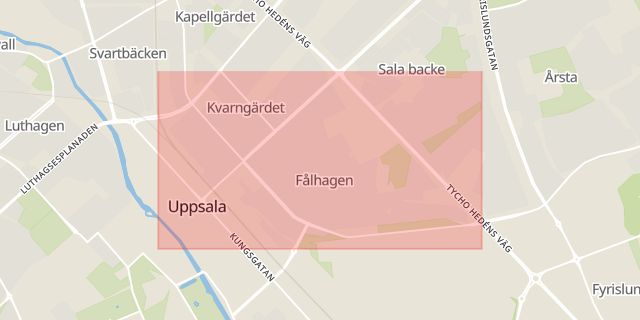 Karta som med röd fyrkant ramar in Fålhagen, Länsstyrelsen, Uppsala, Uppsala län