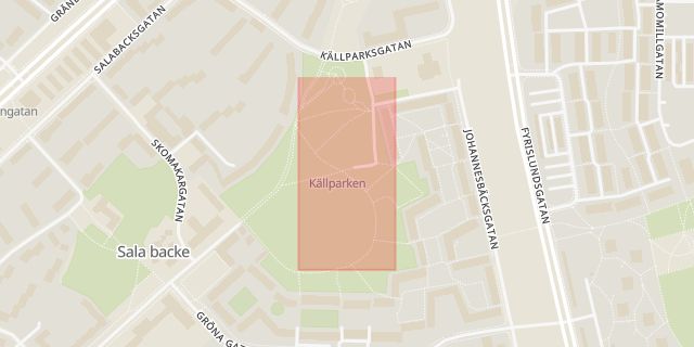Karta som med röd fyrkant ramar in Sala Backe, Källparken, Uppsala, Uppsala län