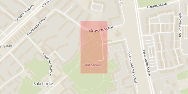 Karta som med röd fyrkant ramar in Sala Backe, Källparken, Uppsala, Uppsala län