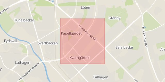 Karta som med röd fyrkant ramar in Kvarngärdet, Uppsala, Uppsala län