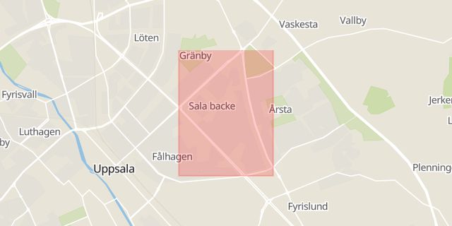 Karta som med röd fyrkant ramar in Sala Backe, Uppsala, Uppsala län