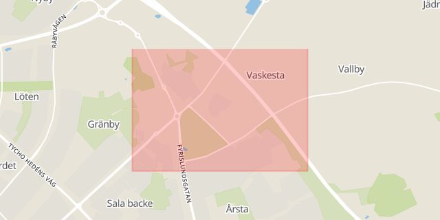 Karta som med röd fyrkant ramar in Vaksala, Uppsala, Uppsala län
