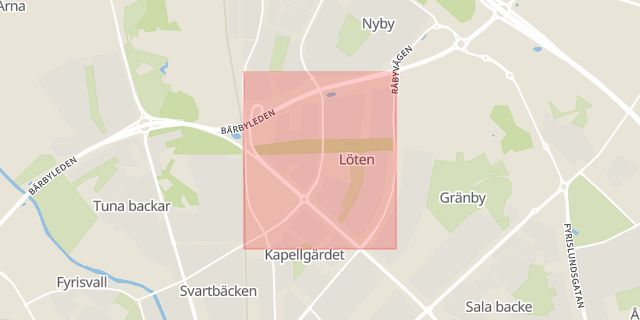 Karta som med röd fyrkant ramar in Löten, Luthagen, Väga, Uppsala, Uppsala län