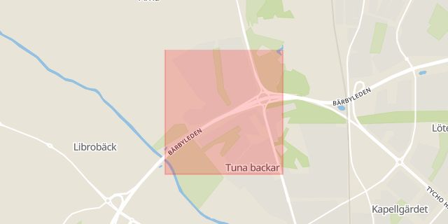 Karta som med röd fyrkant ramar in Tunagatan, Uppsala, Uppsala län