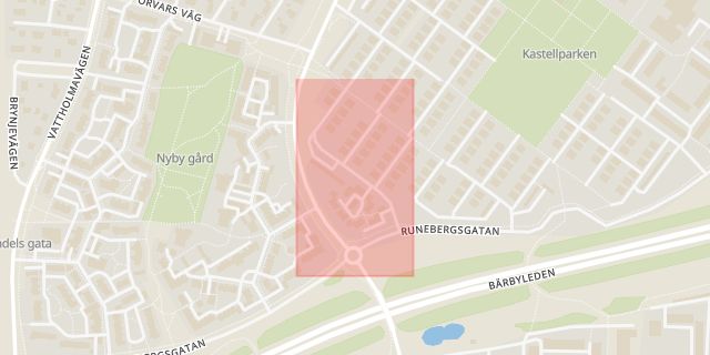Karta som med röd fyrkant ramar in Birger Sjöbergsgatan, Uppsala, Uppsala län