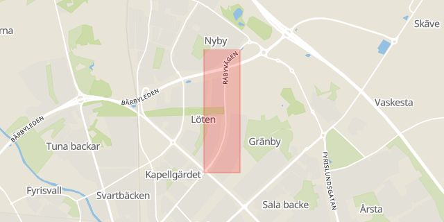 Karta som med röd fyrkant ramar in Råbyvägen, Gränby, Uppsala, Uppsala län