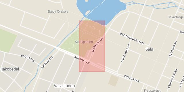 Karta som med röd fyrkant ramar in Stadsparken, Sala, Västmanlands län