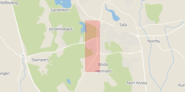 Karta som med röd fyrkant ramar in Västeråsleden, Sala, Västmanlands län