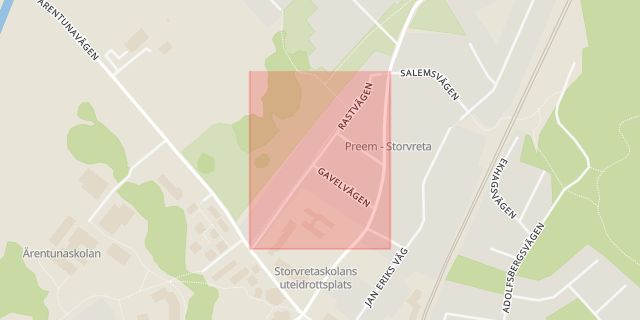 Karta som med röd fyrkant ramar in Rastvägen, Uppsala, Uppsala län