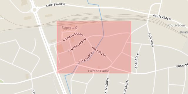 Karta som med röd fyrkant ramar in Centralvägen, Fagersta, Västmanlands län