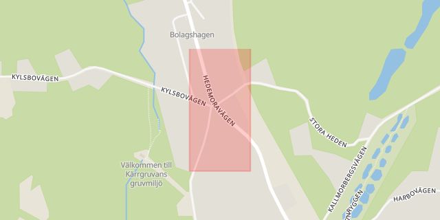 Karta som med röd fyrkant ramar in Kärrgruvan, Norberg, Västmanlands län