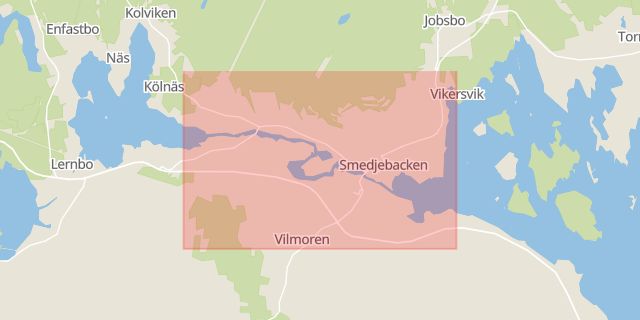 Karta som med röd fyrkant ramar in Kyrkogatan, Båtklubb, Smedjebacken, Dalarnas län