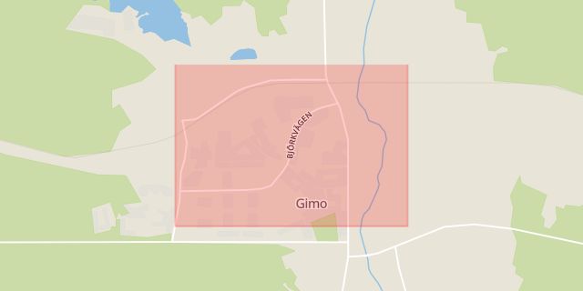 Karta som med röd fyrkant ramar in Gimo, Öregrund, Österbybruk, Skjutbana, Postlåda, Östhammar, Uppsala län