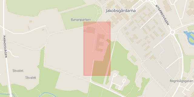 Karta som med röd fyrkant ramar in Nygårdsskolan, Jakobsgårdarna, Borlänge, Dalarnas län