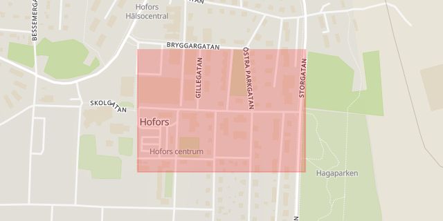 Karta som med röd fyrkant ramar in Skolgatan, Hofors, Gävleborgs län