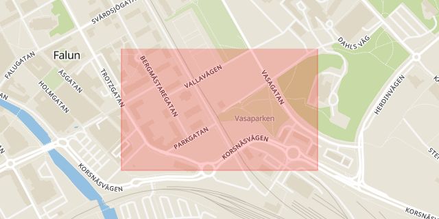 Karta som med röd fyrkant ramar in Parkgatan, Falun, Dalarnas län