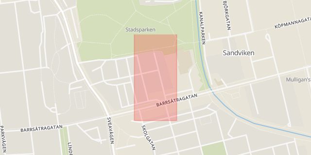 Karta som med röd fyrkant ramar in Valhallavägen, Sandviken, Gävleborgs län