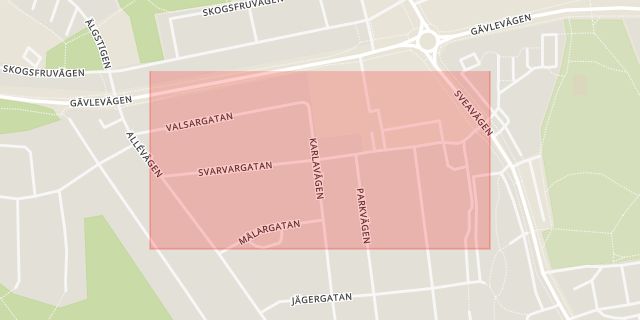 Karta som med röd fyrkant ramar in Svarvargatan, Sandviken, Gävleborgs län