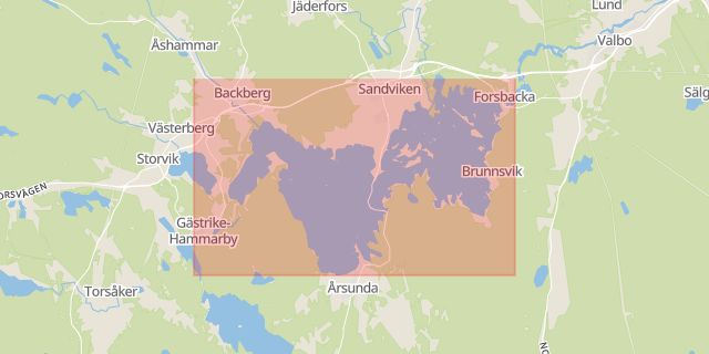 Karta som med röd fyrkant ramar in Storsjön, Sandviken, Gävleborgs län