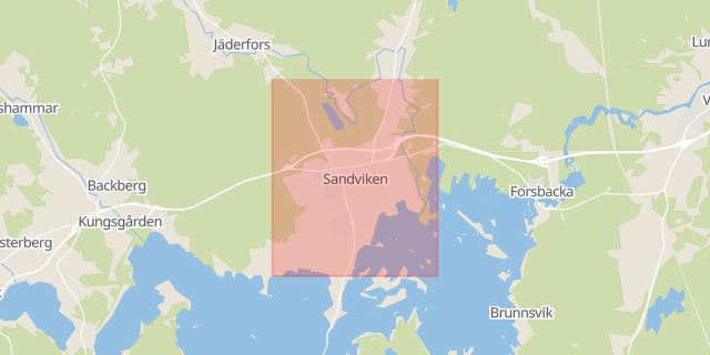 Karta som med röd fyrkant ramar in Södra Sidan, Dalälven, Gävle Sjukhus, Sandviken, Gävleborgs län