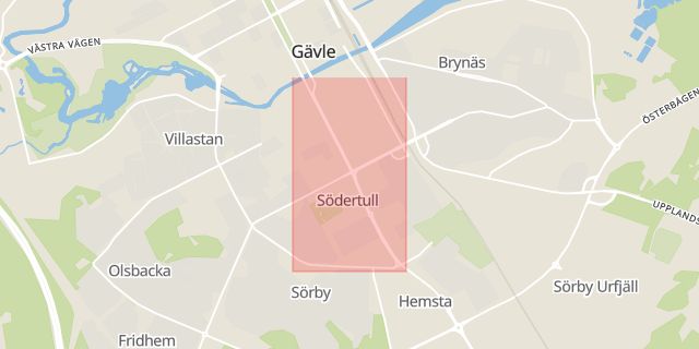Karta som med röd fyrkant ramar in Södra Kungsgatan, Gävle, Gävleborgs län