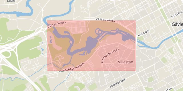 Karta som med röd fyrkant ramar in Boulognerskogen, Gävle, Gävleborgs län