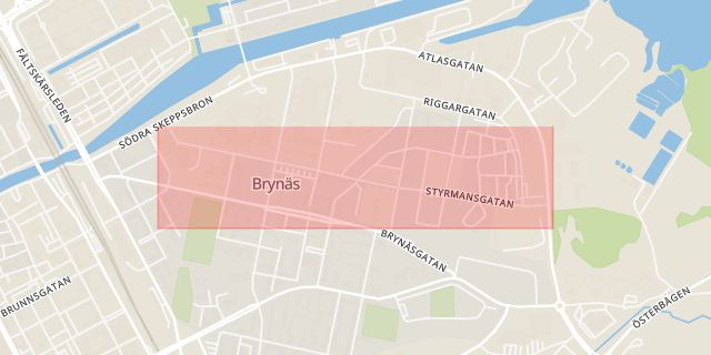 Karta som med röd fyrkant ramar in Styrmansgatan, Brynäs, Gävle, Gävleborgs län