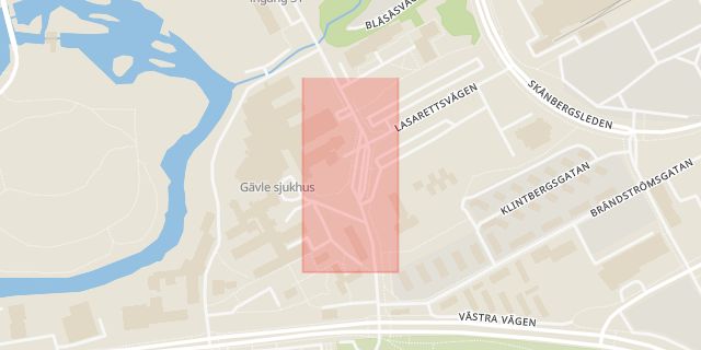 Karta som med röd fyrkant ramar in Gävle Sjukhus, Gävle, Gävleborgs län