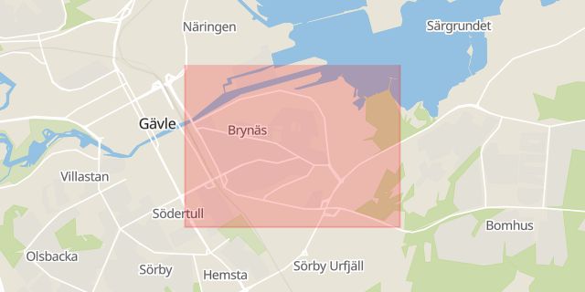 Karta som med röd fyrkant ramar in Brynäs, Gävle, Gävleborgs län