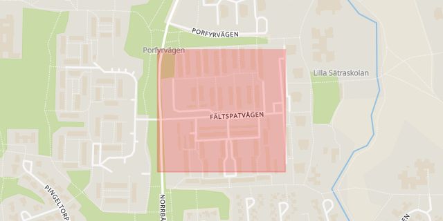 Karta som med röd fyrkant ramar in Fältspatvägen, Sätra, Gävle, Gävleborgs län