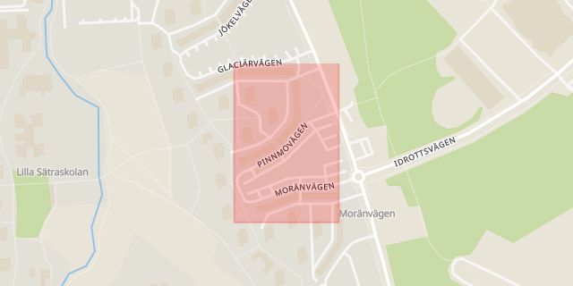 Karta som med röd fyrkant ramar in Pinnmovägen, Tummen, Gävle, Gävleborgs län
