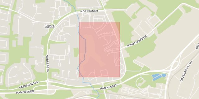 Karta som med röd fyrkant ramar in Sicksackvägen, Sätra, Gävle, Gävleborgs län
