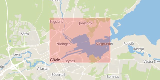 Karta som med röd fyrkant ramar in Norra Kungsvägen, Gavlehov, Gävle, Gävleborgs län