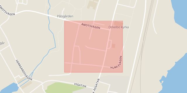 Karta som med röd fyrkant ramar in Humlevägen, Ockelbo, Gävleborgs län