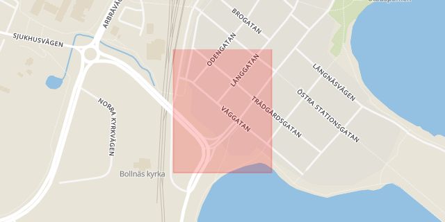 Karta som med röd fyrkant ramar in Våggatan, Bollnäs, Gävleborgs län