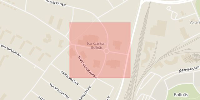 Karta som med röd fyrkant ramar in Fabriksgatan, Bollnäs, Gävleborgs län