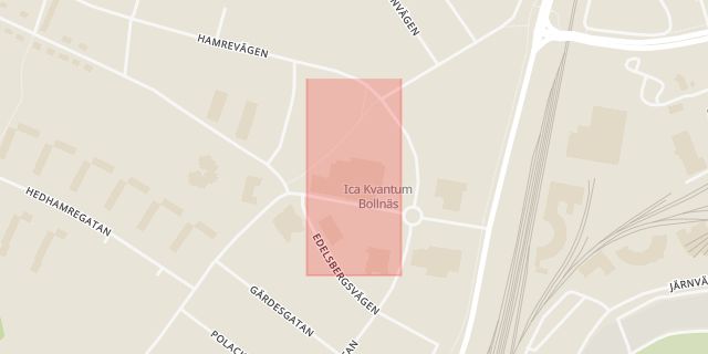 Karta som med röd fyrkant ramar in Ica Kvantum, Bollnäs, Gävleborgs län