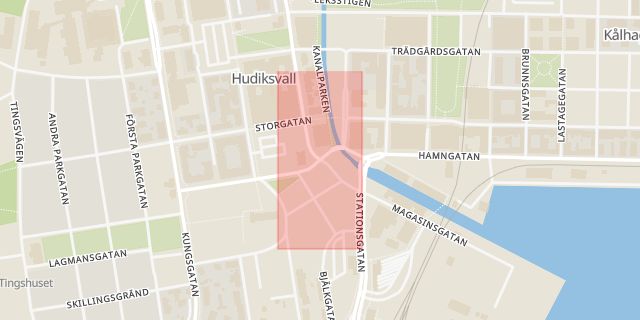 Karta som med röd fyrkant ramar in Stora Kyrkogatan, Hudiksvall, Gävleborgs län