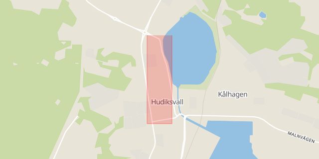 Karta som med röd fyrkant ramar in Västra Tullgatan, Hudiksvall, Gävleborgs län