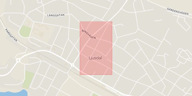 Karta som med röd fyrkant ramar in Tingsgatan, Ljusdal, Gävleborgs län