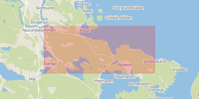 Karta som med röd fyrkant ramar in Njurunda, Löransvägen, Sundsvall, Västernorrlands län
