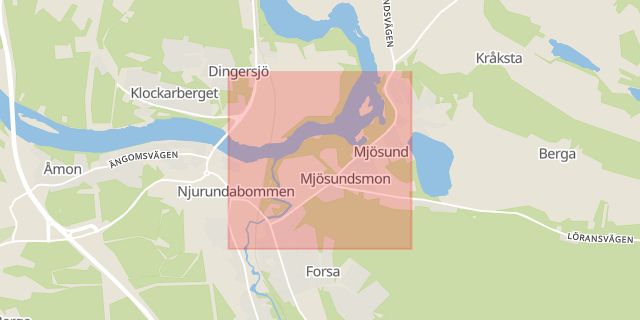 Karta som med röd fyrkant ramar in Njurunda, Mjösundsvägen, Sundsvall, Västernorrlands län