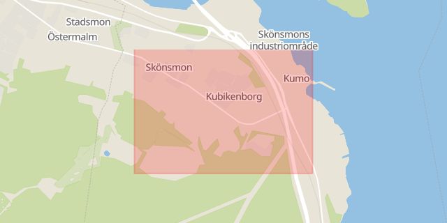 Karta som med röd fyrkant ramar in Kubikenborg, Sundsvall, Västernorrlands län