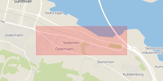 Karta som med röd fyrkant ramar in Östermalm, Björneborgsgatan, Sundsvall, Västernorrlands län